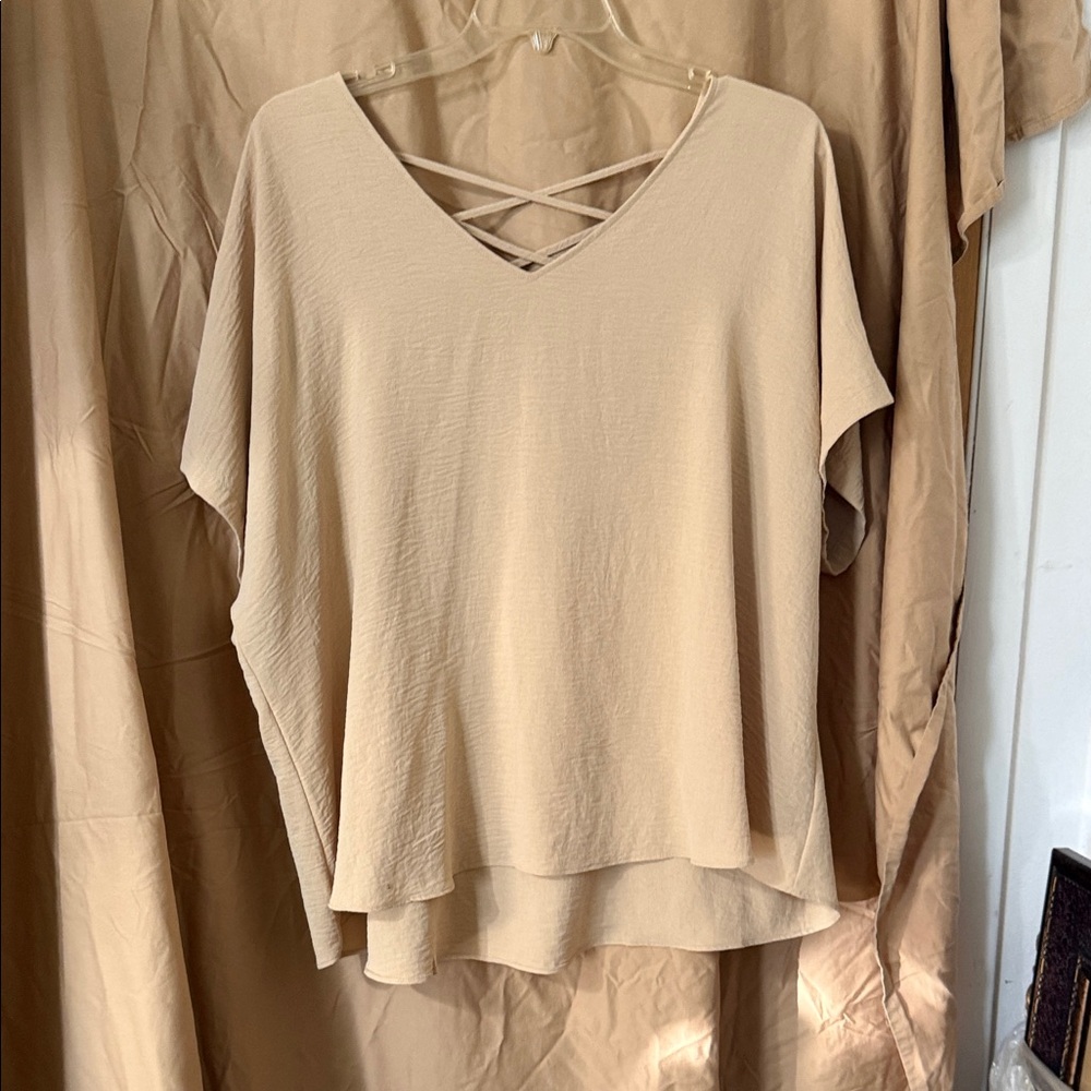 Cato Beige V-Neck Blouse with Crisscross Back